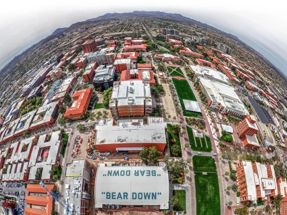 Fisheye view of campus above Bear Down